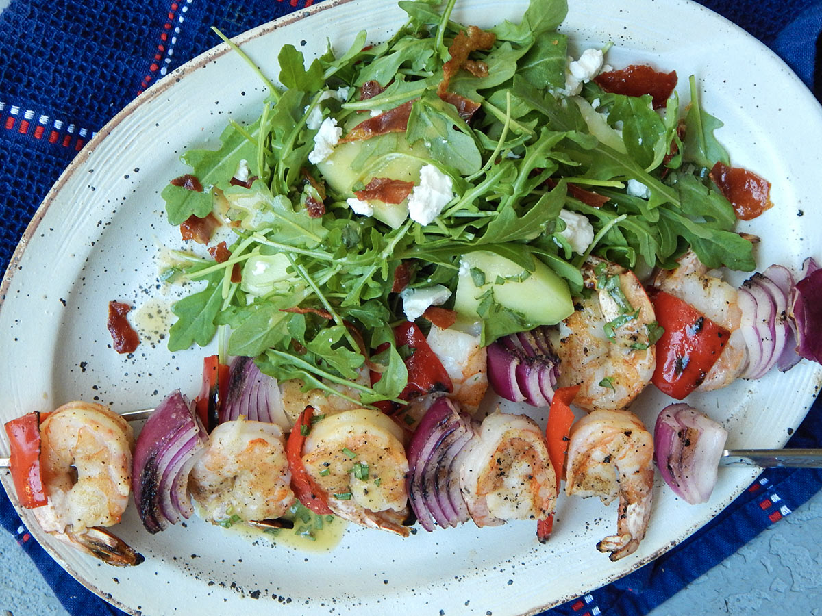 Grilled Shrimp Skewers with Honey Dew Arugula Salad