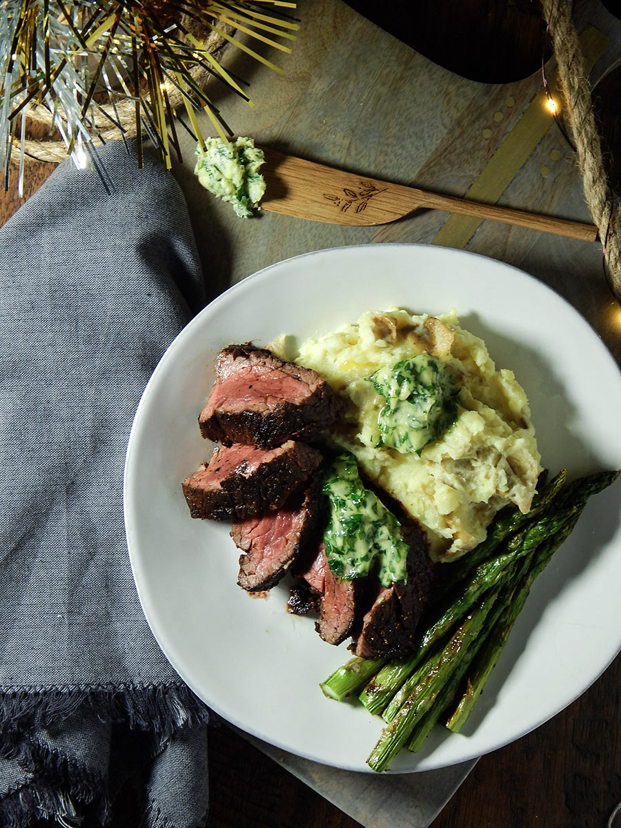 Hanger Steak with Garlic Smashed Potatoes