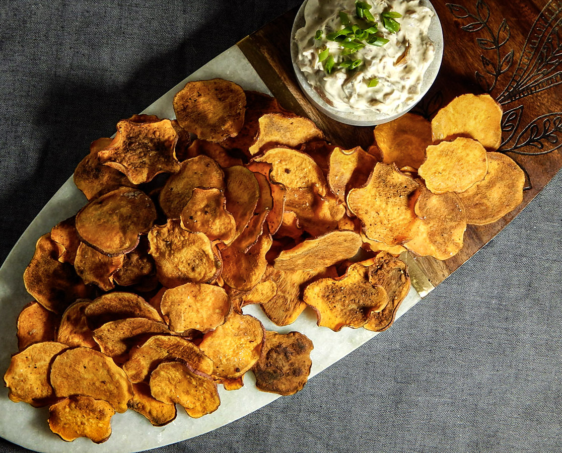 French Onion Dip with Baked Sweet Potato Chips