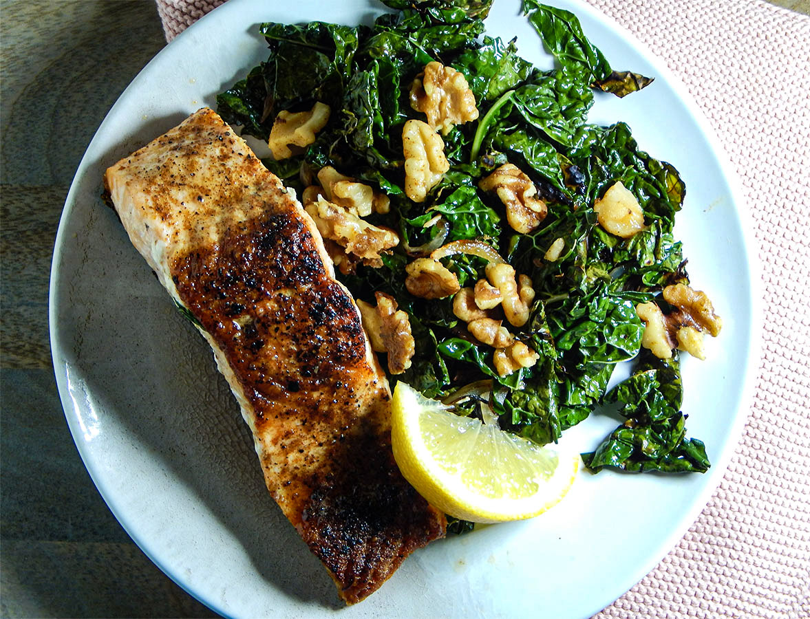Salmon with Crispy Kale and Spiced Walnuts
